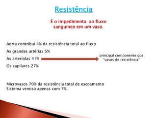 Resistência
                         É o impedimento ao fluxo
                          sanguíneo em um vaso.


Aorta contribui 4% da resistência total ao fluxo
As grandes artérias 5%
                                                   principal componente dos
As arteríolas 41%                                    “vasos de resistência”
Os capilares 27%



Microvasos 70% da resistência total de escoamento
Sistema venoso apenas com 7%.
 