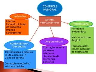 CONTROLE
                            HUMORAL

       endotelina
                              Agentes
 Intenso
                          vasoconstritores       vasopressina
 Estímulo  lesão
 do endotélio
 Impedir                                        Hormômio
 sangramento                                    antidiurético

                                                Mais intenso que
                                                Angio II
                              Angiotensina II
    NOREPINEFRINA
     EPINEFRINA                                 Formada pelas
                            Contração intensa
                                                células nervosas
                            pequenas
1)Estimulação simpática                         do hipotálamo
                            arteríolas
2) SN simpático 
                            aumento da
Glândula adrenal
                            resistência
                            periférica
Contração miocárdio,
veias e arteríolas
 