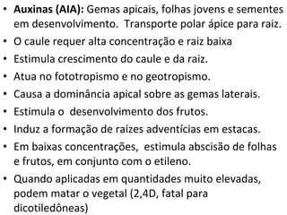 Auxinas (AIA):  Gemas apicais, folhas jovens e sementes em desenvolvimento.  Transporte polar ápice para raiz.  O caule requer alta concentração e raiz baixa Estimula crescimento do caule e da raiz. Atua no fototropismo e no geotropismo.  Causa a dominância apical sobre as gemas laterais. Estimula o  desenvolvimento dos frutos. Induz a formação de raízes adventícias em estacas. Em baixas concentrações,  estimula abscisão de folhas e frutos, em conjunto com o etileno. Quando aplicadas em quantidades muito elevadas, podem matar o vegetal (2,4D, fatal para dicotiledôneas) 