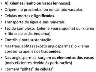 A) Xilemas (lenho ou vasos lenhosos) : Origem no procâmbio ou no câmbio vascular. Células mortas e  lignificadas .  Transporte de água e sais minerais . Tecido complexo.  (xilema +parênquima) ou (xilema + fibras de esclerênquima). Contribui para sustentação Nas traqueófitas (exceto angiospermas) o xilema apresenta apenas os  traqueídes .  Nas angiospermas  surgem os  elementos dos vasos  (mais eficientes devido às perfurações) Formam “pilhas” de células” 