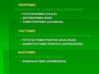  TROPISMO
MOVIMENTO DE CURVATURA ORIENTADO
 FOTOTROPISMO (CAULE)
 GEOTROPISMO (RAIZ)
 TIGMOTROPISMO (GAVINHAS)
 TACTISMO
MOVIMENTO DE DESLOCAMENTO ORIENTADO
 FOTOTACTISMO POSITIVO (EUGLENAS)
 QUIMIOTACTISMO POSITIVO (ANTEROZOIDE)
 NASTISMO
MOVIMENTO NÃO ORIENTADO
 SISMONASTISMO (DORMIDEIRA)
 