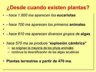 ¿Desde cuando existen plantas? - hace 1.800 ma aparecen los   eucariotas -  hace 700 ma aparecen los primeros   animales -  hace 610 ma aparecen diversos grupos de   algas hace 570 ma se produce  “ explosión cámbrica” se originan la mayoría de los phyla animales continua la diversificación de las algas acuáticas Plantas terrestres a partir de 470 ma. 