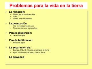 Problemas para la vida en la tierra La radiación: Daños por la luz ultravioleta Calor Daños en el fotosistema La desecación Aire extremadamente seco Recursos de agua esporádicos Para la dispersión : No existe agua Para la fertilización : Requiere agua La separación de : Energía, CO 2 , O 2  (del aire, encima de la tierra) Agua, nutrientes (del suelo, bajo la tierra) La gravedad 