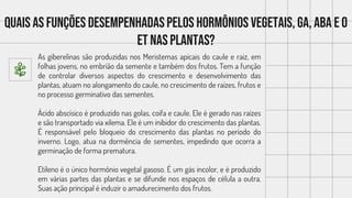 Quais as funções desempenhadaspelos hormônios vegetais, GA, ABA e o
ET nas plantas?
As giberelinas são produzidas nos Meristemas apicais do caule e raiz, em
folhas jovens, no embrião da semente e também dos frutos. Tem a função
de controlar diversos aspectos do crescimento e desenvolvimento das
plantas, atuam no alongamento do caule, no crescimento de raízes, frutos e
no processo germinativo das sementes.
Ácido abscísico é produzido nas golas, coifa e caule. Ele é gerado nas raízes
e são transportado via xilema. Ele é um inibidor do crescimento das plantas.
É responsável pelo bloqueio do crescimento das plantas no período do
inverno. Logo, atua na dormência de sementes, impedindo que ocorra a
germinação de forma prematura.
Etileno é o único hormônio vegetal gasoso. É um gás incolor, e é produzido
em várias partes das plantas e se difunde nos espaços de célula a outra.
Suas ação principal é induzir o amadurecimento dos frutos.
 