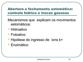 professora Ionara 34
Abertura e fechamento estomático:
controle hídrico e trocas gasosas
Mecanismos que explicam os movimentos
estomáticos:
 Hidroativo
 Fotoativo
 Hipótese do ingresso de íons k+
 Enzimático
 