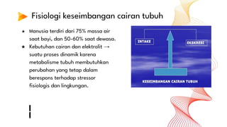 Fisiologi keseimbangan cairan tubuh
★ Manusia terdiri dari 75% massa air
saat bayi, dan 50-60% saat dewasa.
★ Kebutuhan cairan dan elektrolit →
suatu proses dinamik karena
metabolisme tubuh membutuhkan
perubahan yang tetap dalam
berespons terhadap stressor
fisiologis dan lingkungan.
 