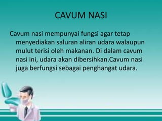 CAVUM NASI
Cavum nasi mempunyai fungsi agar tetap
menyediakan saluran aliran udara walaupun
mulut terisi oleh makanan. Di dalam cavum
nasi ini, udara akan dibersihkan.Cavum nasi
juga berfungsi sebagai penghangat udara.

 