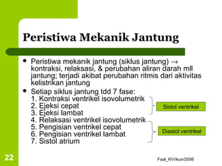 Peristiwa Mekanik Jantung
        Peristiwa mekanik jantung (siklus jantung) →
         kontraksi, relaksasi, & perubahan aliran darah mll
         jantung; terjadi akibat perubahan ritmis dari aktivitas
         kelistrikan jantung
        Setiap siklus jantung tdd 7 fase:
         1. Kontraksi ventrikel isovolumetrik
         2. Ejeksi cepat                           Sistol ventrikel
         3. Ejeksi lambat
         4. Relaksasi ventrikel isovolumetrik
         5. Pengisian ventrikel cepat
                                                  Diastol ventrikel
         6. Pengisian ventrikel lambat
         7. Sistol atrium

22                                                  Faal_KV/ikun/2006
 