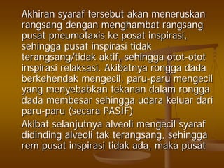 AkhiranAkhiran syarafsyaraf tersebuttersebut akanakan meneruskanmeneruskan
rangsangrangsang dengandengan menghambatmenghambat rangsangrangsang
pusatpusat pneumotaxispneumotaxis keke posatposat inspirasiinspirasi,,
sehinggasehingga pusatpusat inspirasiinspirasi tidaktidak
terangsang/tidakterangsang/tidak aktifaktif,, sehinggasehingga otototot--otototot
inspirasiinspirasi relaksasirelaksasi.. AkibatnyaAkibatnya ronggarongga dadadada
berkehendakberkehendak mengecilmengecil,, paruparu--paruparu mengecilmengecil
yangyang menyebabkanmenyebabkan tekanantekanan dalamdalam ronggarongga
dadadada membesarmembesar sehinggasehingga udaraudara keluarkeluar daridari
paruparu--paruparu ((secarasecara PASIF)PASIF)
AkibatAkibat selanjutnyaselanjutnya alveolialveoli mengecilmengecil syarafsyaraf
didindingdidinding alveolialveoli taktak terangsangterangsang,, sehinggasehingga
remrem pusatpusat inspirasiinspirasi tidaktidak adaada,, makamaka pusatpusat
 