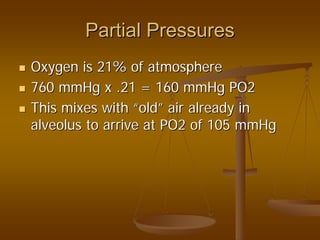 Partial PressuresPartial Pressures
Oxygen is 21% of atmosphereOxygen is 21% of atmosphere
760 mmHg x .21 = 160 mmHg PO2760 mmHg x .21 = 160 mmHg PO2
This mixes withThis mixes with ““oldold”” air already inair already in
alveolus to arrive at PO2 of 105 mmHgalveolus to arrive at PO2 of 105 mmHg
 
