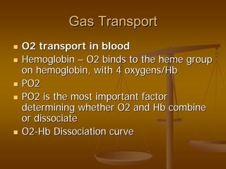 Gas TransportGas Transport
O2 transport in bloodO2 transport in blood
HemoglobinHemoglobin –– O2 binds to the heme groupO2 binds to the heme group
on hemoglobin, with 4 oxygens/Hbon hemoglobin, with 4 oxygens/Hb
PO2PO2
PO2 is the most important factorPO2 is the most important factor
determining whether O2 and Hb combinedetermining whether O2 and Hb combine
or dissociateor dissociate
O2O2--Hb Dissociation curveHb Dissociation curve
 