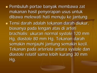 PembuluhPembuluh portaeportae banyakbanyak membawamembawa zatzat
makananmakanan hasilhasil penyerapanpenyerapan usususus untukuntuk
dibawadibawa melewatimelewati hatihati menujumenuju keke jantungjantung
TensiTensi darahdarah adalahadalah tekanantekanan darahdarah diukurdiukur,,
biasanyabiasanya padapada lenganlengan atasatas didi arteriarteri
brachialisbrachialis;; ukuranukuran normal systole 120 mmnormal systole 120 mm
Hg, diastole 80 mm Hg.Hg, diastole 80 mm Hg. TekananTekanan darahdarah
semakinsemakin menjauhimenjauhi jantungjantung semakinsemakin kecilkecil..
TekananTekanan padapada arteriolaarteriola antaraantara systolesystole dandan
diastolediastole relatifrelatif samasama lebihlebih kurangkurang 30 mm30 mm
Hg.Hg.
 