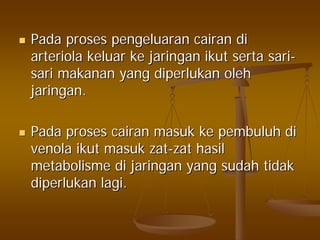 PadaPada prosesproses pengeluaranpengeluaran cairancairan didi
arteriolaarteriola keluarkeluar keke jaringanjaringan ikutikut sertaserta sarisari--
sarisari makananmakanan yangyang diperlukandiperlukan oleholeh
jaringanjaringan..
PadaPada prosesproses cairancairan masukmasuk keke pembuluhpembuluh didi
venolavenola ikutikut masukmasuk zatzat--zatzat hasilhasil
metabolismemetabolisme didi jaringanjaringan yangyang sudahsudah tidaktidak
diperlukandiperlukan lagilagi..
 