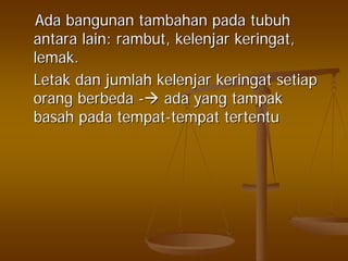 AdaAda bangunanbangunan tambahantambahan padapada tubuhtubuh
antaraantara lain:lain: rambutrambut,, kelenjarkelenjar keringatkeringat,,
lemaklemak..
LetakLetak dandan jumlahjumlah kelenjarkelenjar keringatkeringat setiapsetiap
orangorang berbedaberbeda -- adaada yangyang tampaktampak
basahbasah padapada tempattempat--tempattempat tertentutertentu
 