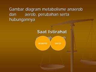 GambarGambar diagramdiagram metabolismemetabolisme anaerobanaerob
dandan aerobaerob,, perubahanperubahan sertaserta
hubungannyahubungannya
SaatSaat IstirahatIstirahat
anaerobanaerob==aerobaerob
anaerob aerob
 