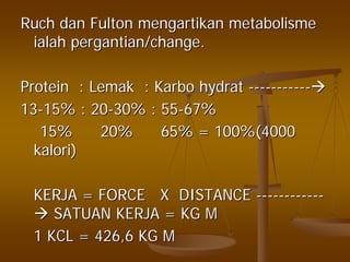 RuchRuch dandan FultonFulton mengartikanmengartikan metabolismemetabolisme
ialahialah pergantianpergantian/change./change.
Protein :Protein : LemakLemak :: KarboKarbo hydrathydrat ----------------------
1313--15% : 2015% : 20--30% : 5530% : 55--67%67%
15%15% 20%20% 65% = 100%(400065% = 100%(4000
kalorikalori))
KERJA = FORCE X DISTANCEKERJA = FORCE X DISTANCE ------------------------
SATUAN KERJA = KG MSATUAN KERJA = KG M
1 KCL = 426,6 KG M1 KCL = 426,6 KG M
 