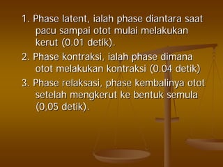 1. Phase latent,1. Phase latent, ialahialah phasephase diantaradiantara saatsaat
pacupacu sampaisampai otototot mulaimulai melakukanmelakukan
kerutkerut (0.01(0.01 detikdetik).).
2. Phase2. Phase kontraksikontraksi,, ialahialah phasephase dimanadimana
otototot melakukanmelakukan kontraksikontraksi (0.04(0.04 detikdetik))
3. Phase3. Phase relaksasirelaksasi, phase, phase kembalinyakembalinya otototot
setelahsetelah mengkerutmengkerut keke bentukbentuk semulasemula
(0,05(0,05 detikdetik).).
 