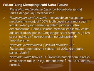 Faktor Yang Mempengaruhi Suhu Tubuh:Faktor Yang Mempengaruhi Suhu Tubuh:
1.1. Kecepatan metabolisme basalKecepatan metabolisme basal, berbeda, berbeda--beda sangatbeda sangat
terkait dengan laju metabolismeterkait dengan laju metabolisme
2.2. Rangsangan saraf simpatisRangsangan saraf simpatis, menyebabkan kecepatan, menyebabkan kecepatan
metabolisme menjadi 100% lebih cepat serta mencegahmetabolisme menjadi 100% lebih cepat serta mencegah
lemak coklat yang tertimbun dalam jaringan untuklemak coklat yang tertimbun dalam jaringan untuk
dimetabolisme. Hampir seluruh metabolisme lemak coklatdimetabolisme. Hampir seluruh metabolisme lemak coklat
adalah produksi panas. Rangsangan saraf simpatis tjd krnadalah produksi panas. Rangsangan saraf simpatis tjd krn
stress individu (stress individu (↑↑ epineprin dan norepineprin)epineprin dan norepineprin)
↑↑metabolisme.metabolisme.
3.3. Hormone pertumbuhan ( growth hormone )Hormone pertumbuhan ( growth hormone )
↑↑kecepatan metabolisme sebesar 15kecepatan metabolisme sebesar 15--20%20% produksiproduksi
panas tubuhpanas tubuh ↑↑
4.4. Hormone tiroidHormone tiroid, tiroksin, tiroksin ↑↑aktivitas hampir semua reaksiaktivitas hampir semua reaksi
kimia dalam tubuhkimia dalam tubuh laju metabolismelaju metabolisme ↑↑ 5050--100% diatas100% diatas
normal.normal.
 