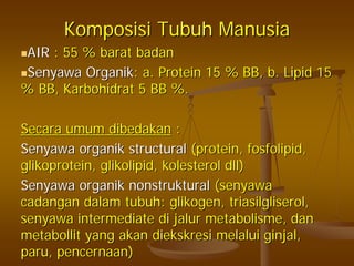 KomposisiKomposisi TubuhTubuh ManusiaManusia
AIRAIR : 55 %: 55 % baratbarat badanbadan
Senyawa OrganikSenyawa Organik: a. Protein 15 % BB, b. Lipid 15: a. Protein 15 % BB, b. Lipid 15
% BB, Karbohidrat 5 BB %.% BB, Karbohidrat 5 BB %.
Secara umum dibedakanSecara umum dibedakan ::
Senyawa organik structuralSenyawa organik structural (protein, fosfolipid,(protein, fosfolipid,
glikoprotein, glikolipid, kolesterol dll)glikoprotein, glikolipid, kolesterol dll)
Senyawa organik nonstrukturalSenyawa organik nonstruktural (senyawa(senyawa
cadangan dalam tubuh: glikogen, triasilgliserol,cadangan dalam tubuh: glikogen, triasilgliserol,
senyawa intermediate di jalur metabolisme, dansenyawa intermediate di jalur metabolisme, dan
metabollit yang akan diekskresi melalui ginjal,metabollit yang akan diekskresi melalui ginjal,
paru, pencernaan)paru, pencernaan)
 