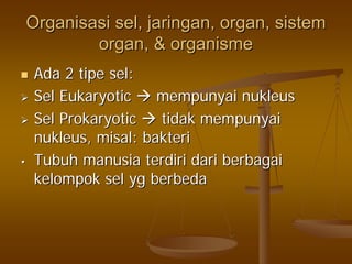 OrganisasiOrganisasi selsel,, jaringanjaringan, organ,, organ, sistemsistem
organ, &organ, & organismeorganisme
AdaAda 22 tipetipe selsel::
SelSel EukaryoticEukaryotic mempunyaimempunyai nukleusnukleus
SelSel ProkaryoticProkaryotic tidaktidak mempunyaimempunyai
nukleusnukleus,, misalmisal:: bakteribakteri
•• TubuhTubuh manusiamanusia terdiriterdiri daridari berbagaiberbagai
kelompokkelompok selsel ygyg berbedaberbeda
 
