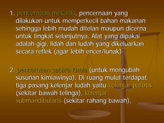 1.1. pencernaanpencernaan mekanismekanis,, pencernaanpencernaan yangyang
dilakukandilakukan untukuntuk memperkecilmemperkecil bahanbahan makananmakanan
sehinggasehingga lebihlebih mudahmudah ditelanditelan maupunmaupun dicernadicerna
untukuntuk tingkattingkat selanjutnyaselanjutnya.. AlatAlat yangyang dipakaidipakai
adalahadalah gigigigi,, lidahlidah dandan ludahludah yangyang dikeluarkandikeluarkan
secarasecara reflekreflek (agar(agar lebihlebih encer/lunakencer/lunak))
2.2. pencernaanpencernaan secarasecara kimiakimia ((untukuntuk mengubahmengubah
susunansusunan kimiawinyakimiawinya).). DiDi ruangruang mulutmulut terdapatterdapat
tigatiga pasangpasang kelenjarkelenjar ludahludah yaituyaitu kelenjarkelenjar parotisparotis
((sekitarsekitar bawahbawah telingatelinga),), kelenjarkelenjar
submandibularissubmandibularis ((sekitarsekitar rahangrahang bawahbawah),),
 
