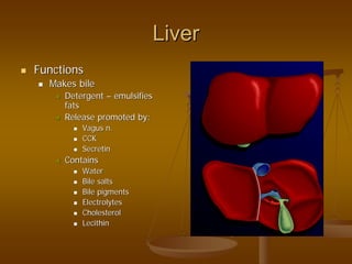 LiverLiver
FunctionsFunctions
Makes bileMakes bile
DetergentDetergent –– emulsifiesemulsifies
fatsfats
Release promoted by:Release promoted by:
VagusVagus n.n.
CCKCCK
SecretinSecretin
ContainsContains
WaterWater
Bile saltsBile salts
Bile pigmentsBile pigments
ElectrolytesElectrolytes
CholesterolCholesterol
LecithinLecithin
 