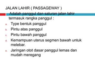 JALAN LAHIR ( PASSAGEWAY )
Adalah panggul dan saluran jalan lahir
termasuk rangka panggul :
a. Type bentuk panggul
b. Pintu atas panggul
c. Pintu bawah panggul
d. Kemampuan uterus segmen bawah untuk
melebar.
e. Jaringan otot dasar panggul lemas dan
mudah meregang
 