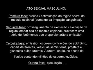 ATO SEXUAL MASCULINO:

 Primeira fase: ereção › estimulação da região sacral da
   medula espinhal (aumento da irrigação sanguínea).

Segunda fase: prosseguimento da excitação › excitação da
  região lombar alta da medula espinhal (provocam uma
   série de fenômenos que proporcionarão a emissão).

Terceira fase: emissão › ocorrem contrações do epidídimo,
   canais deferentes, vesículas seminíferas, próstata e
  glândulas bulbo-uretrais. A uretra, então, se enche de
     líquido contendo milhões de espermatozóides.

               Quarta fase: ejaculação ›...
 
