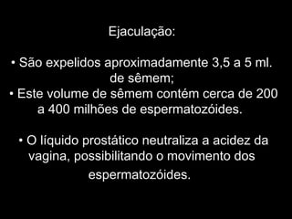 Ejaculação:

• São expelidos aproximadamente 3,5 a 5 ml.
                 de sêmem;
• Este volume de sêmem contém cerca de 200
     a 400 milhões de espermatozóides.

 • O líquido prostático neutraliza a acidez da
   vagina, possibilitando o movimento dos
              espermatozóides.
 