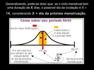 Generalizando, pode-se dizer que, se o ciclo menstrual tem
 uma duração de X dias, o possível dia da ovulação é X –
14, considerando X = dia da próxima menstruação.
 