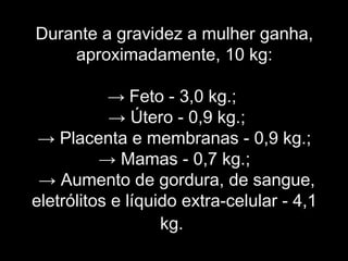 Durante a gravidez a mulher ganha,
    aproximadamente, 10 kg:

           → Feto - 3,0 kg.;
           → Útero - 0,9 kg.;
 → Placenta e membranas - 0,9 kg.;
          → Mamas - 0,7 kg.;
 → Aumento de gordura, de sangue,
eletrólitos e líquido extra-celular - 4,1
                   kg.
 