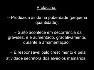 Prolactina:

→ Produzida ainda na puberdade (pequena
              quantidade);

   → Surto acontece em decorrência da
gravidez, e é aumentado, gradativamente,
        durante a amamentação;

  → É responsável pelo crescimento e pela
atividade secretora dos alvéolos mamários.
 