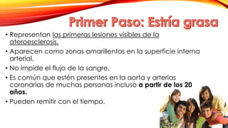 • Representan las primeras lesiones visibles de la 
ateroesclerosis. 
• Aparecen como zonas amarillentas en la superficie interna 
arterial. 
• No impide el flujo de la sangre. 
• Es común que estén presentes en la aorta y arterias 
coronarias de muchas personas incluso a partir de los 20 
años. 
• Pueden remitir con el tiempo. 
 