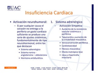 Insuficiencia Cardiaca
• Activación neurohumoral:            1. Sistema adrenérgico
   – Si por cualquier causa el          –   Activación Simpática
     corazón no entrega a la                • Aumento de la resistencia
     periferia un gasto cardíaco              vascular sistémica o
     suficiente se produce una                periférica
     serie de ajustes sistémicos,           • Taquicardia y aumento de
     fundamentalmente de tipo                 la irritabilidad miocárdica.
     neurohormonal, entre los               • Venoconstricción periférica
     que destacan                           • Cardiotoxicidad
       • Sistema adrenérgico                • Fibrosis miocárdica
       • Sistema renina -                   • Efecto inotrópico leve
         angiotensina – aldosterona         • Lleva a hipertrofia
       • Hormona antidiurética.               miocitaria
 