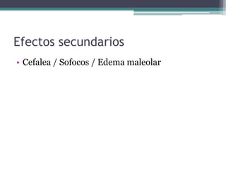 Efectos secundarios
• Cefalea / Sofocos / Edema maleolar
 