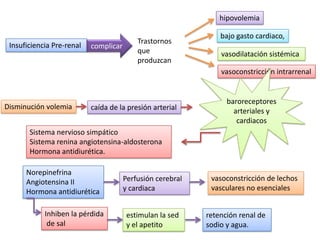 hipovolemia

                                                                bajo gasto cardiaco,
                                           Trastornos
 Insuficiencia Pre-renal   complicar
                                           que                  vasodilatación sistémica
                                           produzcan
                                                                vasoconstricción intrarrenal


                                                                  baroreceptores
Disminución volemia        caída de la presión arterial             arteriales y
                                                                     cardiacos
       Sistema nervioso simpático
       Sistema renina angiotensina-aldosterona
       Hormona antidiurética.

      Norepinefrina
      Angiotensina II                  Perfusión cerebral    vasoconstricción de lechos
      Hormona antidiurética            y cardiaca            vasculares no esenciales


            Inhiben la pérdida          estimulan la sed    retención renal de
             de sal                     y el apetito        sodio y agua.
 