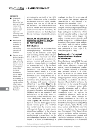 approximately one-third of the MCA
territory. In contrast to the penumbra,
the ischemic core was highly variable,
ranging from 20% to 70% of cortical
MCA territory. The authors found that
both in patients who recanalized and
in those who did not recanalize, the
extent of core and not that of penum-
bra was correlated with clinical outcome.
CELLULAR MECHANISMS OF
ISCHEMIC NEURONAL INJURY
IN ACUTE STROKE
Introduction
At a cellular level, the biochemical and
electrophysiologic mechanisms in-
volved in the ischemic brain injury
vary according to the extent of cere-
bral ischemia. Neuronal cell death
occurs as a result of two main mech-
anisms: necrosis and apoptosis. Ne-
crosis is a process that is not regulated
or programmed and is the predomi-
nant mechanism that follows acute
permanent focal vascular occlusion.
Necrosis occurs mainly as a conse-
quence of disruption of cellular ho-
meostasis due to energy failure and is
accompanied by cellular swelling,
membrane lysis, inflammation, vascu-
lar damage, and edema formation
(Bhardwaj et al, 2003) (Figure 2-4).
Apoptosis, or programmed cell death,
is characterized by cell shrinkage,
chromatin clumping, and cytoplasmic
blebbing and is not associated with
inflammation or secondary injury to
surrounding brain (Graham and Chen,
2001; Thompson, 1995; Vaux et al,
1994) (Figure 2-5). These two distinct
types of neuronal death appear to rep-
resent opposite poles of a spectrum
that coexist within the ischemic brain,
with necrosis being the main mecha-
nism of neuronal injury in the ischemic
core and apoptosis being the main
mechanism of neuronal injury in the
penumbra where, because of the milder
degree of ischemia, sufficient energy is
produced to allow for expression of
new proteins that mediate apoptosis
(Bhardwaj et al, 2003; Dirnagl et al,
1999; Graham and Chen, 2001).
Acute vascular occlusion triggers a
complex sequence of pathophysiologic
events that evolve over time and space.
Major pathogenic mechanisms of the
ischemic cascade leading to neuronal
injury constitute active targets for
various neuroprotective strategies and
include cytotoxicity, peri-infarct depo-
larization, inflammation, tissue acidosis,
nitric oxide, and free radical produc-
tion, as well as, at a later stage, apop-
tosis (Barber et al, 2003; Doyle et al,
2008; Dirnagl et al, 1999).
Excitotoxicity, Peri-infarct
Depolarizations, Acidosis,
Inflammation
The reduction in regional CBF through
insufficient delivery of the neuron’s
main energy substrates, oxygen and
glucose, results in inadequate produc-
tion of energy required to maintain
ionic gradients (Martin et al, 1994).
Since the transport of calcium from
the cell into the extracellular space is an
energy-dependent process, this leads to
intracellular accumulation of calcium.
Calcium influx is further enhanced by
impairment in the energy-dependent
reuptake of excitatory amino acids,
especially glutamate, and by release
of excitatory amino acids into the
extracellular space. An increase in
extracellular glutamate leads to in-
creased calcium influx, through in-
creased stimulation of the NMDA or
non-NMDA (mainly -amino-3-hydroxy-
5-methylisoxazole-4-propionicacid[AMPA])
receptor (Budd, 1998). At the same
time, sodium and chloride enter the
neuron via channels for monovalent
ions (Tyson et al, 1996). Water follows
osmotic gradients, leading to edema,
which is predominantly cytotoxic and
can further diminish perfusion in re-
gions surrounding the core, leading to
36
Continuum: Lifelong Learning Neurol 2008;14(6)
KEY POINTS
A At a cellular
level, the
biochemical and
electrophysiologic
mechanisms
involved in the
ischemic brain
injury vary
according to the
extent of cerebral
ischemia.
A Neuronal cell
death occurs
as a result of
two main
mechanisms:
necrosis and
apoptosis.
A Necrosis occurs
predominantly in
the hyperacute
stage within the
ischemic core. It
occurs mainly as
a consequence
of disruption
of cellular
homeostasis
due to energy
failure and is
accompanied by
cellular swelling,
membrane lysis,
inflammation,
vascular damage,
and edema
formation.
PATHOPHYSIOLOGY
Copyright @ American Academy of Neurology. Unauthorized reproduction of this article is prohibited.
 