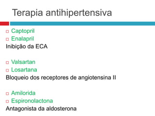 Terapia antihipertensiva
 Captopril
 Enalapril
Inibição da ECA
 Valsartan
 Losartana
Bloqueio dos receptores de angiotensina II
 Amilorida
 Espironolactona
Antagonista da aldosterona
 