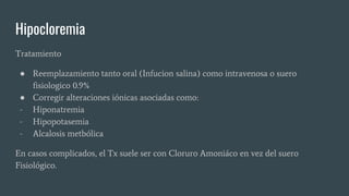 Hipocloremia
Tratamiento
● Reemplazamiento tanto oral (Infucion salina) como intravenosa o suero
fisiologico 0.9%
● Corregir alteraciones iónicas asociadas como:
- Hiponatremia
- Hipopotasemia
- Alcalosis metbólica
En casos complicados, el Tx suele ser con Cloruro Amoniáco en vez del suero
Fisiológico.
 