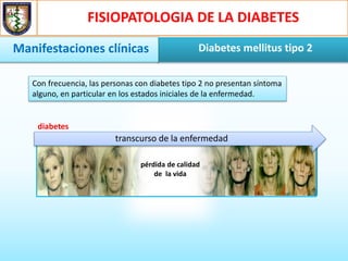 FISIOPATOLOGIA DE LA DIABETES
Diabetes mellitus tipo 2Manifestaciones clínicas
Con frecuencia, las personas con diabetes tipo 2 no presentan síntoma
alguno, en particular en los estados iniciales de la enfermedad.
diabetes
pérdida de calidad
de la vida
transcurso de la enfermedad
 