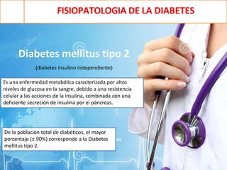 FISIOPATOLOGIA DE LA DIABETES
Es una enfermedad metabólica caracterizada por altos
niveles de glucosa en la sangre, debido a una resistencia
celular a las acciones de la insulina, combinada con una
deficiente secreción de insulina por el páncreas.
De la población total de diabéticos, el mayor
porcentaje (± 90%) corresponde a la Diabetes
mellitus tipo 2.
Diabetes mellitus tipo 2
(diabetes insulino independiente)
 