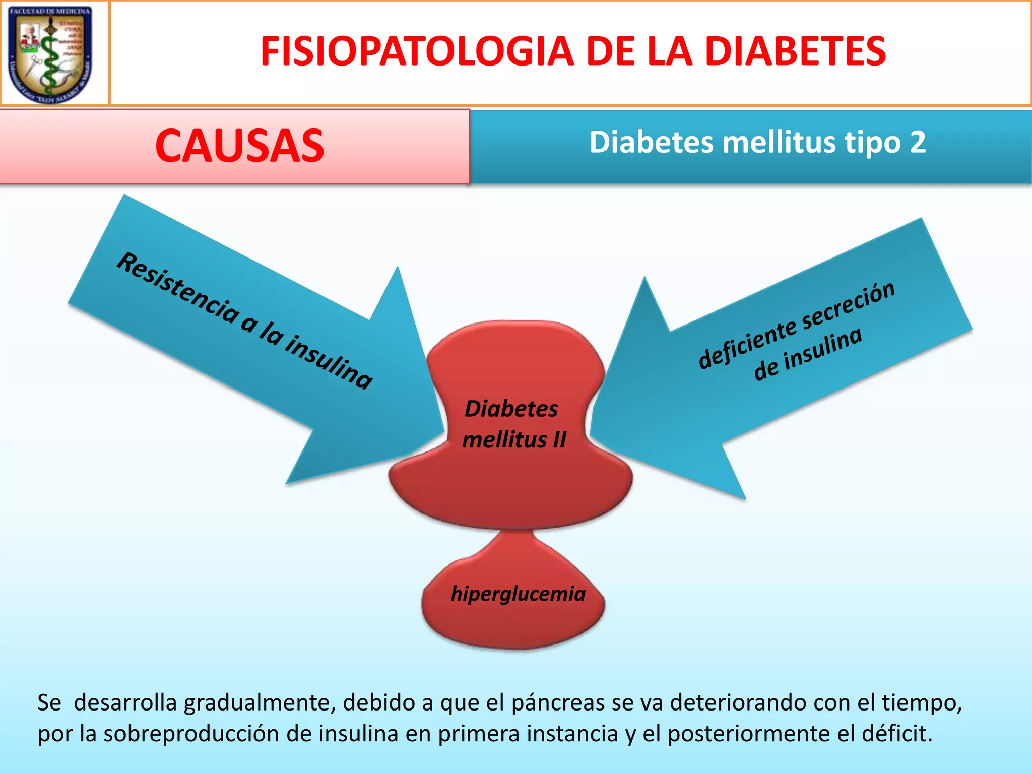FISIOPATOLOGIA DE LA DIABETES

CAUSAS

Diabetes mellitus tipo 2

Diabetes
mellitus II

hiperglucemia

Se desarrolla gradualmente, debido a que el páncreas se va deteriorando con el tiempo,
por la sobreproducción de insulina en primera instancia y el posteriormente el déficit.

 