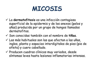 MICOSIS 
 La dermatofitosis es una infección contagiosa 
superficial de la epidermis y de los anexos (pelos y 
uñas) producida por un grupo de hongos llamados 
dermatofitos. 
 Son conocidas también con el nombre de tiñas. 
 Las más habituales son las que afectan a las uñas, 
ingles, planta y espacios interdigitales de pies (pie de 
atleta) y cuero cabelludo. 
 Producen cuadros clínicos muy variados, desde 
síntomas leves hasta lesiones inflamatorias intensas. 
 