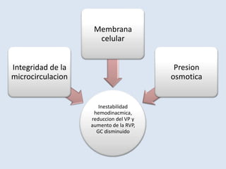 Membrana
                     celular


Integridad de la                         Presion
microcirculacion                        osmotica


                      Inestabilidad
                    hemodinacmica,
                   reduccion del VP y
                   aumento de la RVP,
                     GC disminuido
 