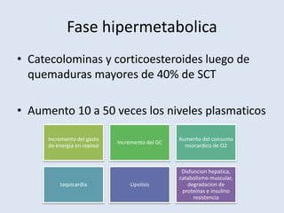 Fase hipermetabolica
• Catecolominas y corticoesteroides luego de
  quemaduras mayores de 40% de SCT

• Aumento 10 a 50 veces los niveles plasmaticos

     Incremento del gasto                       Aumento del consumo
                            Incremento del GC
     de energia en reposo                         miocardico de O2



                                                 Disfuncion hepatica,
                                                catabolismo muscular,
         taquicardia            Lipolisis          degradacion de
                                                 proteinas e insulino
                                                      resistencia
 