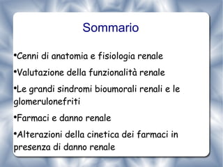 Sommario Cenni di anatomia e fisiologia renale Valutazione della funzionalità renale Le grandi sindromi bioumorali renali e le glomerulonefriti Farmaci e danno renale Alterazioni della cinetica dei farmaci in presenza di danno renale 