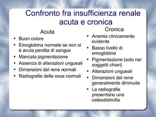 Confronto fra insufficienza renale acuta e cronica Acuta Buon colore Emoglobina normale se non si è avuta perdita di sangue Mancata pigmentazione Assenza di alterazioni ungueali Dimensioni del rene normali Radiografie delle ossa normali Cronica Anemia clinicamente evidente Basso livello di emoglobina Pigmentazione (solo nei soggetti chiari) Alterazioni ungueali Dimensioni del rene generalmente diminuite Le radiografie presentano una osteodistrofia 