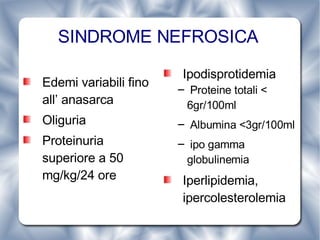 SINDROME NEFROSICA   Edemi variabili fino all’ anasarca Oliguria Proteinuria superiore a 50 mg/kg/24 ore Ipodisprotidemia  Proteine totali < 6gr/100ml Albumina <3gr/100ml ipo gamma globulinemia Iperlipidemia, ipercolesterolemia 