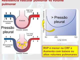Resistência vascular pulmonar vs volume
pulmonar



                               > Pressão
                                 pleural
Pressão
 pleural



                          RVP é menor na CRF e
                          Aumenta com baixos ou
                          altos volumes pulmonares
 