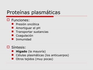 Proteínas plasmáticas
 Funciones:
 Presión oncótica
 Amortiguar el pH
 Transportar sustancias
 Coagulación
 Inmunidad
 Síntesis:
 Hígado (la mayoría)
 Células plasmáticas (los anticuerpos)
 Otros tejidos (muy pocas)
 